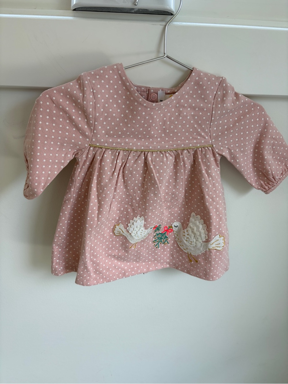Baby Boden Pink Polka Dot Baby Top with Dove Embroidery, 0-3M